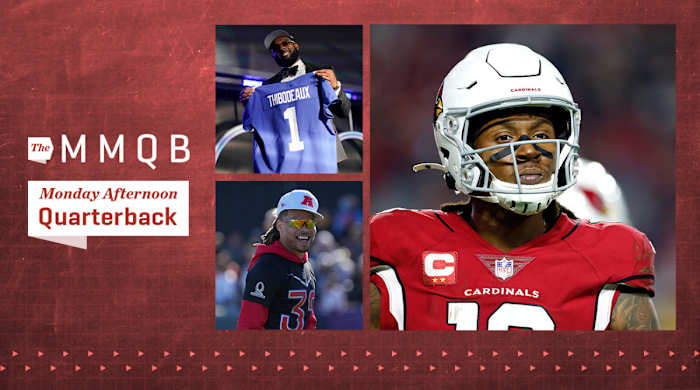 Arizona Cardinals wide receiver DeAndre Hopkins looks to the sideline during a timeout in second half of an NFL football game against the Los Angeles Rams; Oregon defensive end Kayvon Thibodeaux holds a jersey after being picked by the New York Giants with the fifth pick of the 2022 NFL draft; Tyrann Mathieu (32) during AFC practice for the Pro Bowl at Las Vegas Ballpark.